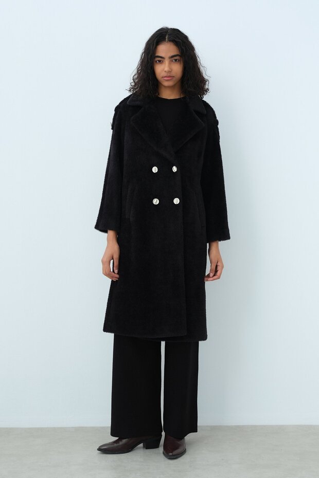 Black Double Breasted Angora Coat - 2