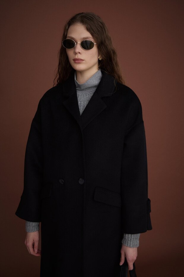 Oversize %100 Yün Kaban Siyah - 5