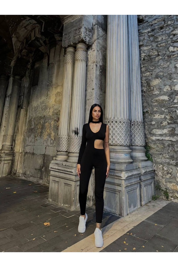 likralı Sandy kumaş dekolteli maxi boy tulum - 4