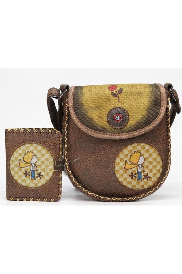 Little Prince Figured Designed Cross Braid Sleeve Bag Brown and Coin Purse Brown Combination