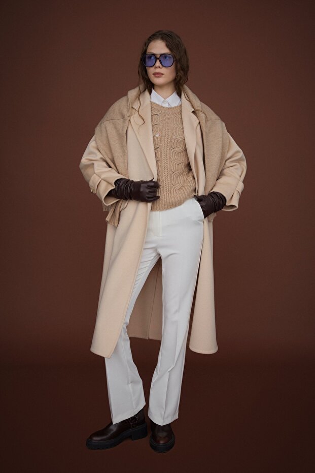 Oversize %100 Yün Kaban Bej - 2