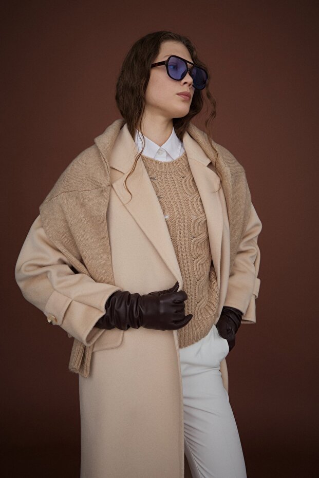 Oversize %100 Yün Kaban Bej - 3