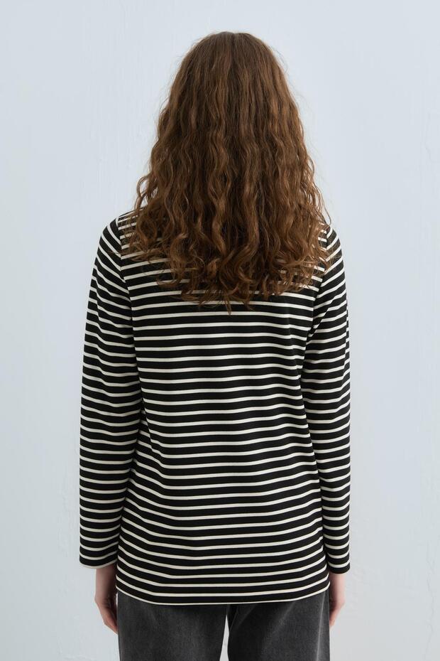Balıkçı Yaka Çizgili Basic Sweat Siyah - 4