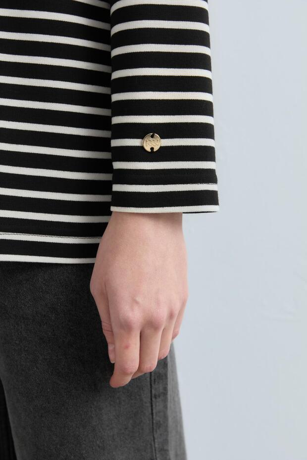 Balıkçı Yaka Çizgili Basic Sweat Siyah - 3