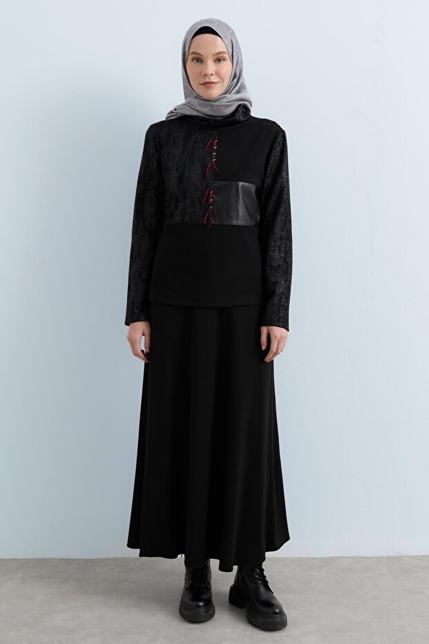 Deri Garnili Dik Yaka Örme Bluz Siyah - 1