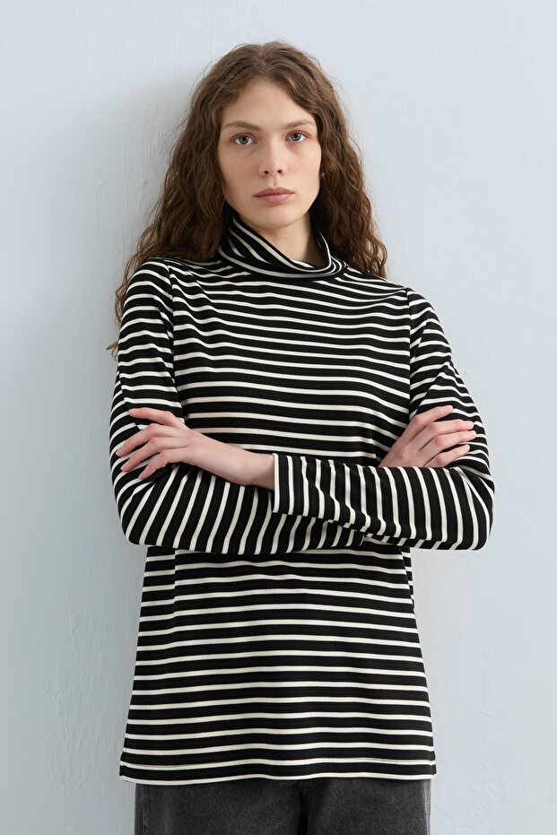 Balıkçı Yaka Çizgili Basic Sweat Siyah - 2