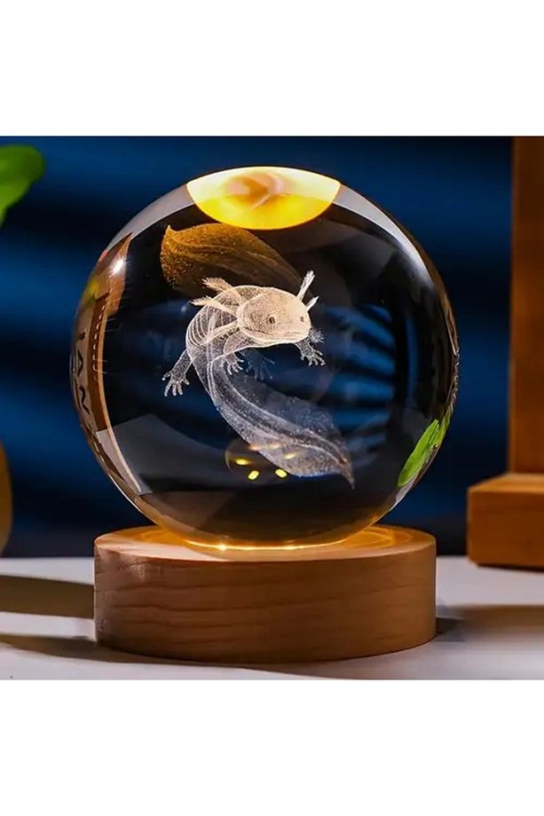 3D Led Işık Cam Küre Tek Renk Gece Lambası Axolotl Mucizevi Yenilenme  8 cm Mega Boy - 1