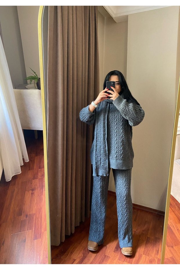 Women's Gray Wefted Hair Braided Pants Sweater Knitwear 3-Piece Set