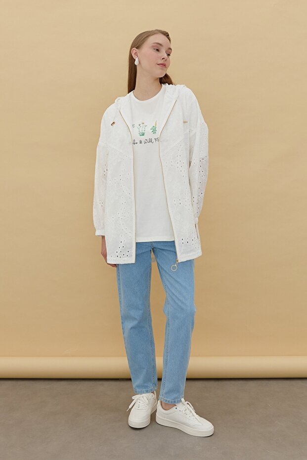 Kapşonlu Brode Ceket Ekru - 7