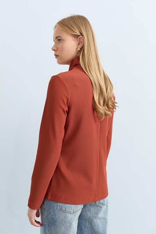 Dik Yaka Basic Örme Bluz Taba - 4