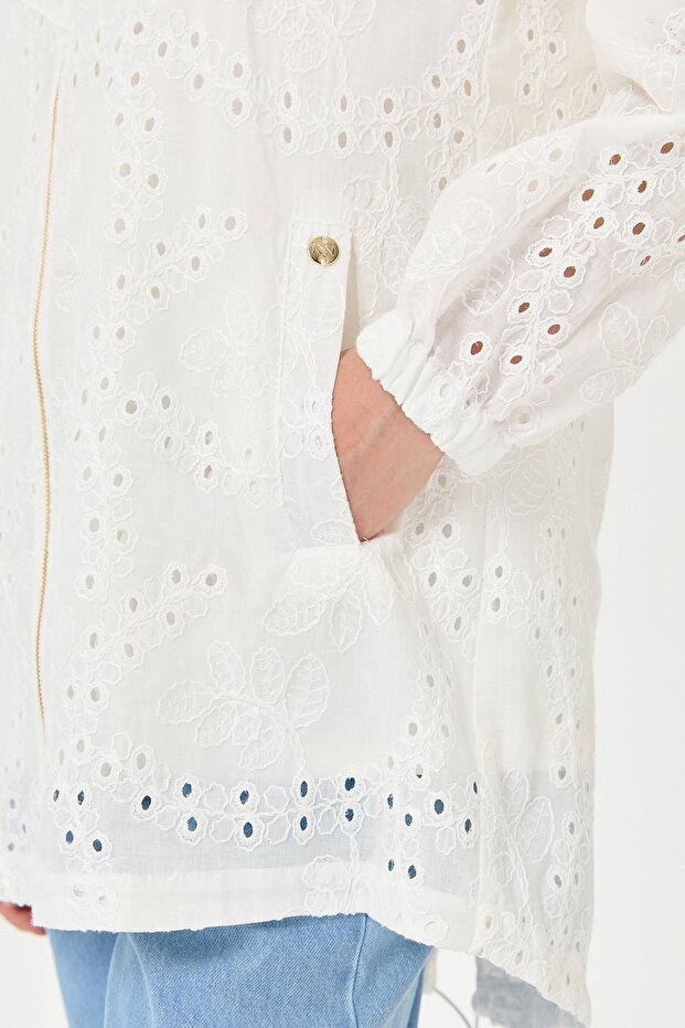 Kapşonlu Brode Ceket Ekru - 4