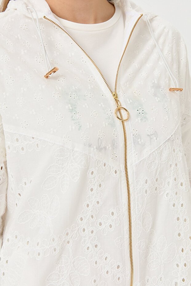 Kapşonlu Brode Ceket Ekru - 2