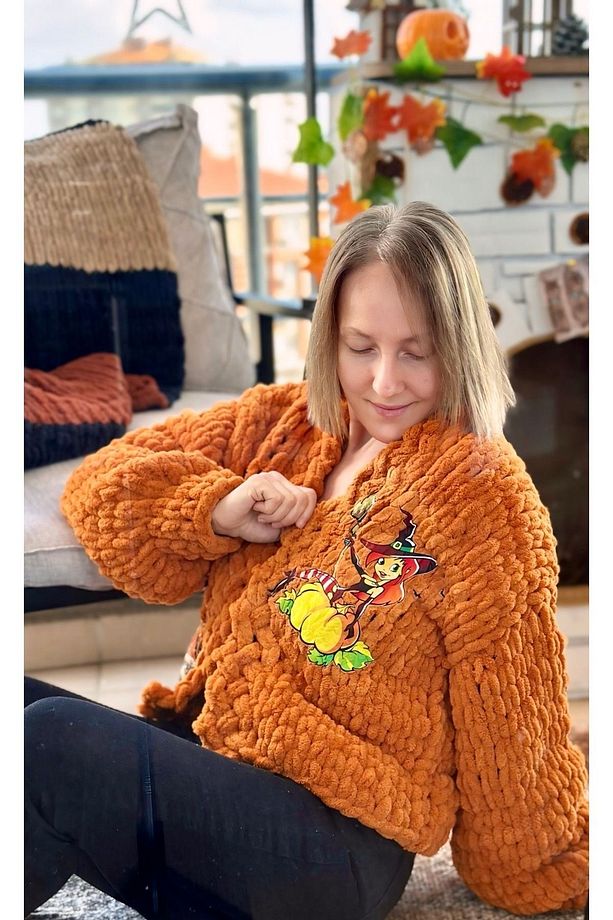 El örgüsü pumpkin baskılı puffy polar chunky hırka - 6