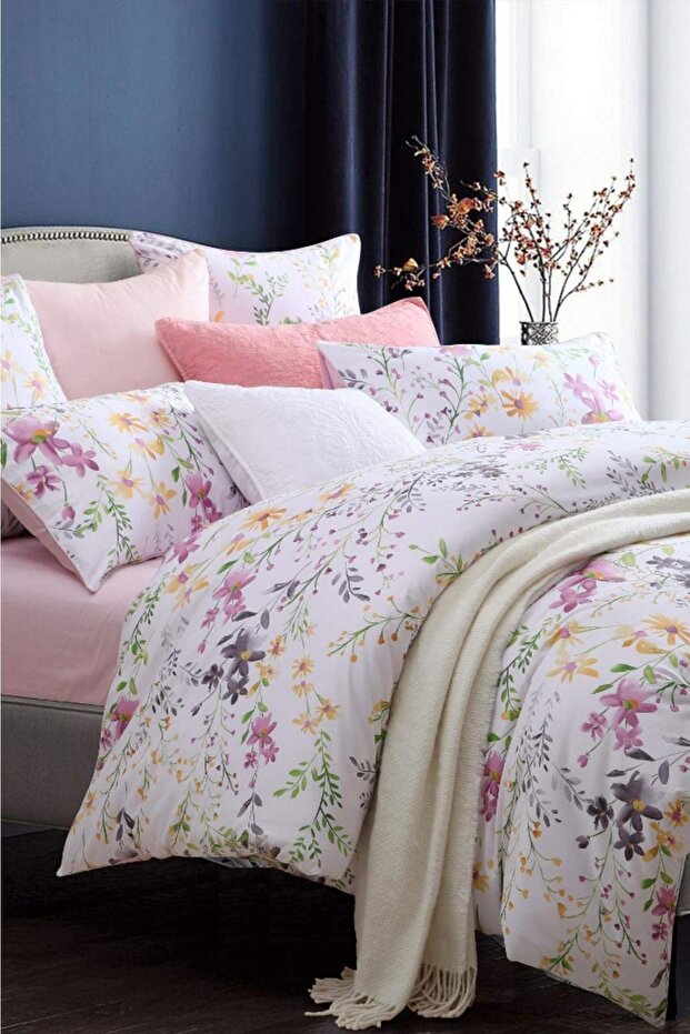 Σετ Παπλωματοθήκη Διπλής Όψης με Ελαστικό Παπλωματοθήκη Λουλούδια Ροζ - 4