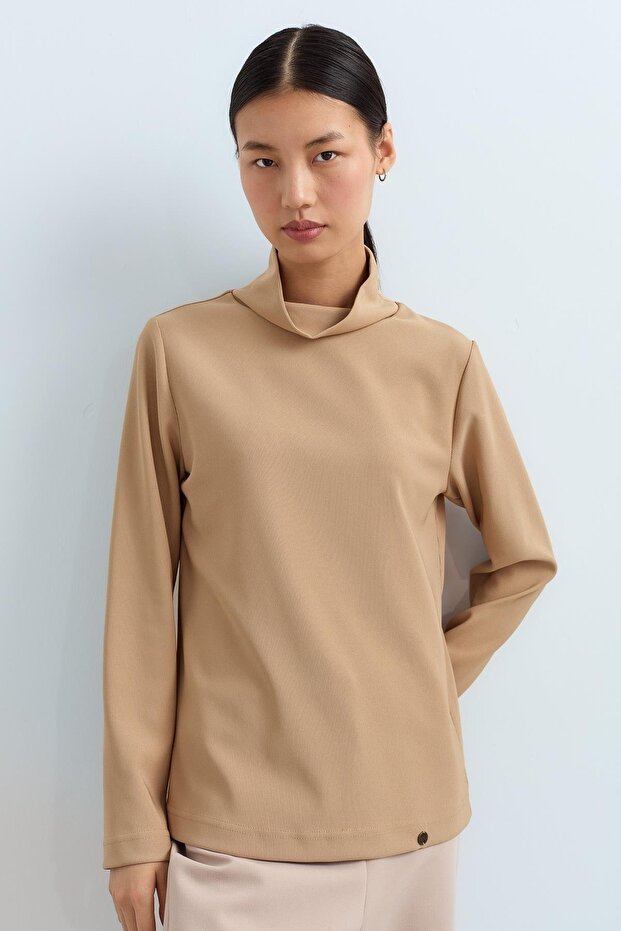 Dik Yaka Basic Örme Bluz Camel - 1