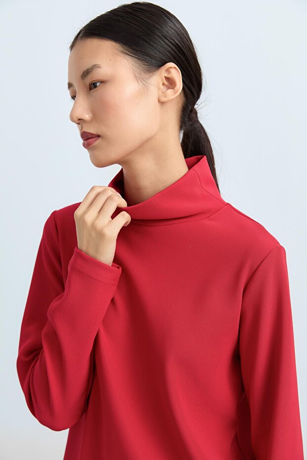 Dik Yaka Basic Örme Bluz Kırmızı - 1