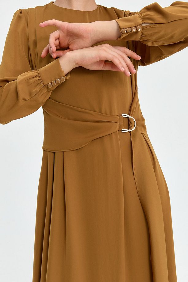 Kuşak Detaylı Elbise Camel - 5