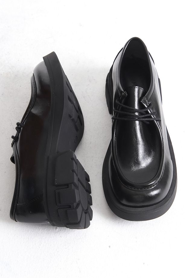 Kadın Loafer Makosen Bağcıklı Kalın Taban Günlük Ayakkabı Forel Siyah - 4