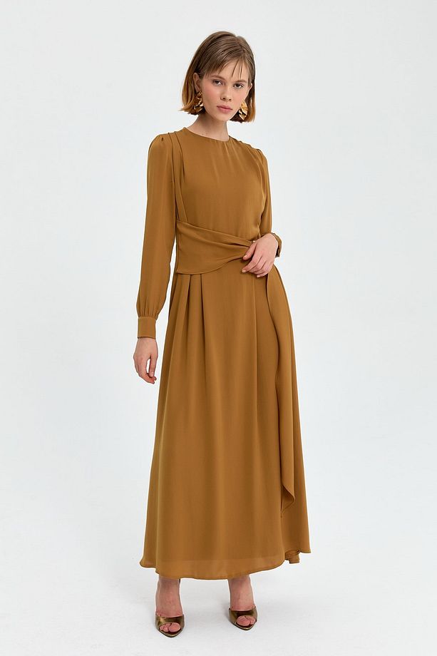 Kuşak Detaylı Elbise Camel - 1