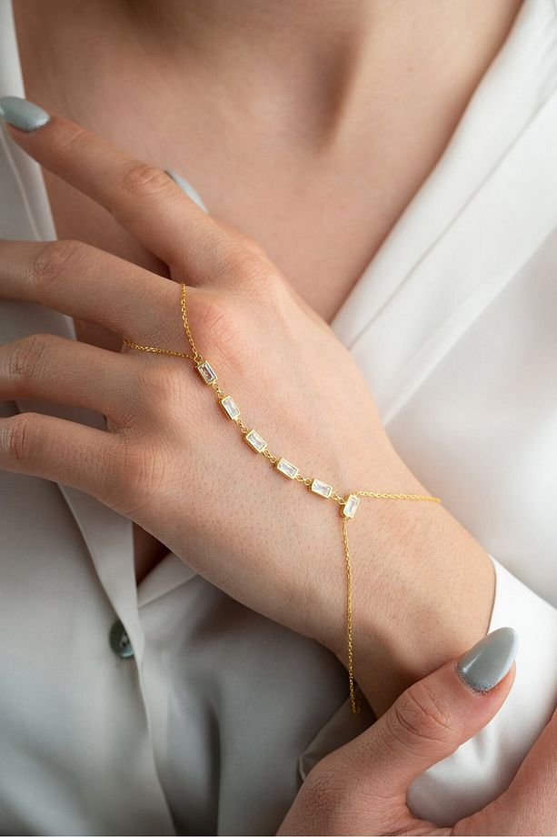 925 Ayar Gümüş Gold Kaplama Dikdörtgen Model Baget Taşlı Şahmeran Bileklik - 5