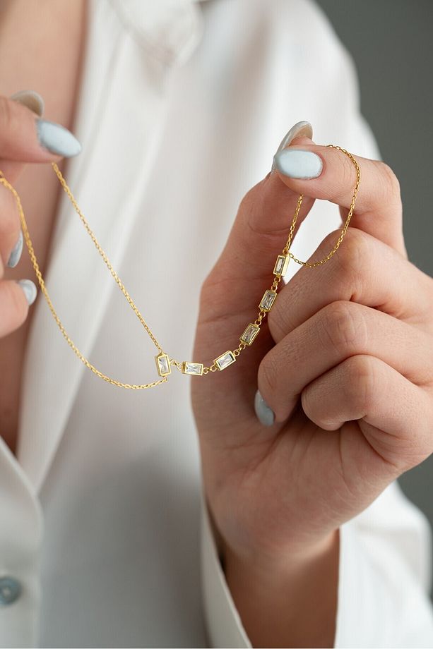 925 Ayar Gümüş Gold Kaplama Dikdörtgen Model Baget Taşlı Şahmeran Bileklik - 2