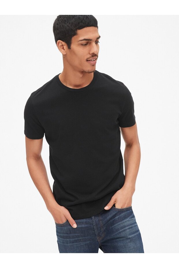 Erkek Siyah Bisiklet Yaka Basic T-Shirt - 1