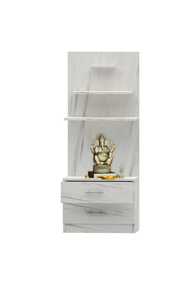 Wooden Mandir, Temple with 2 Drawers and 3 Shelves-White Levanto Marble