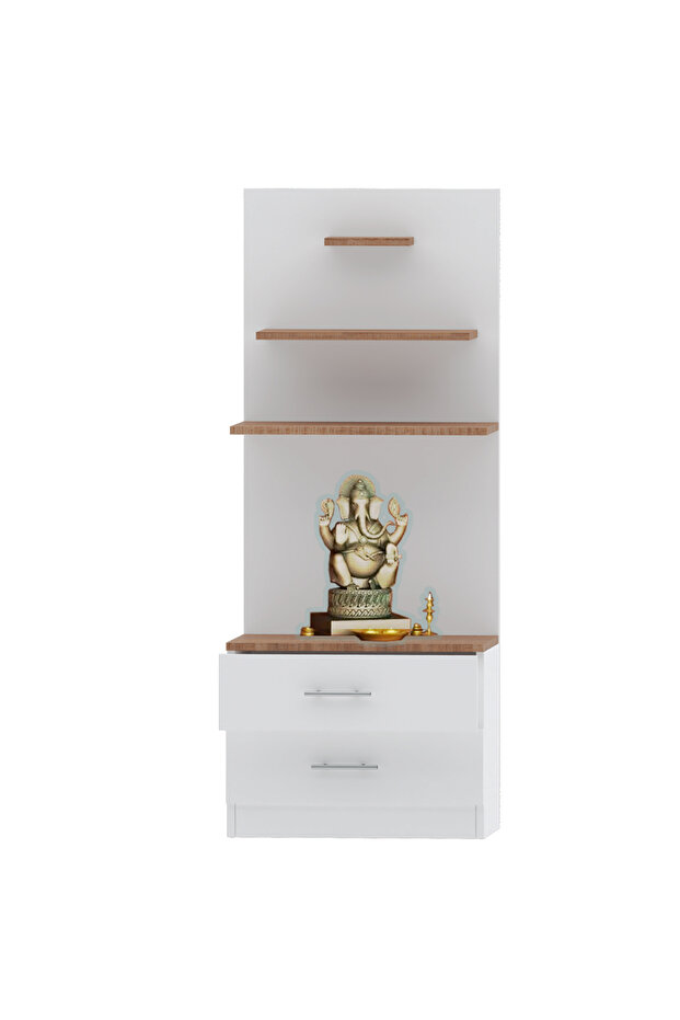 Wooden Mandir, Temple with 2 Drawers and 3 Shelves-Brown Arizona Oak