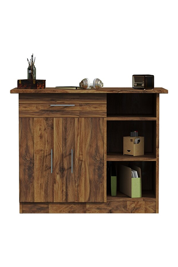 Medium Height Cabinet with Single Drawer, 2 Door Storage and 3 Open Shelf-Dark Hunton Oak