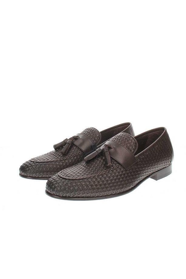 KAHVE EL ÖRGÜLÜ DERİ ERKEK LOAFER AYAKKABI - KÖSELE TABAN - 1