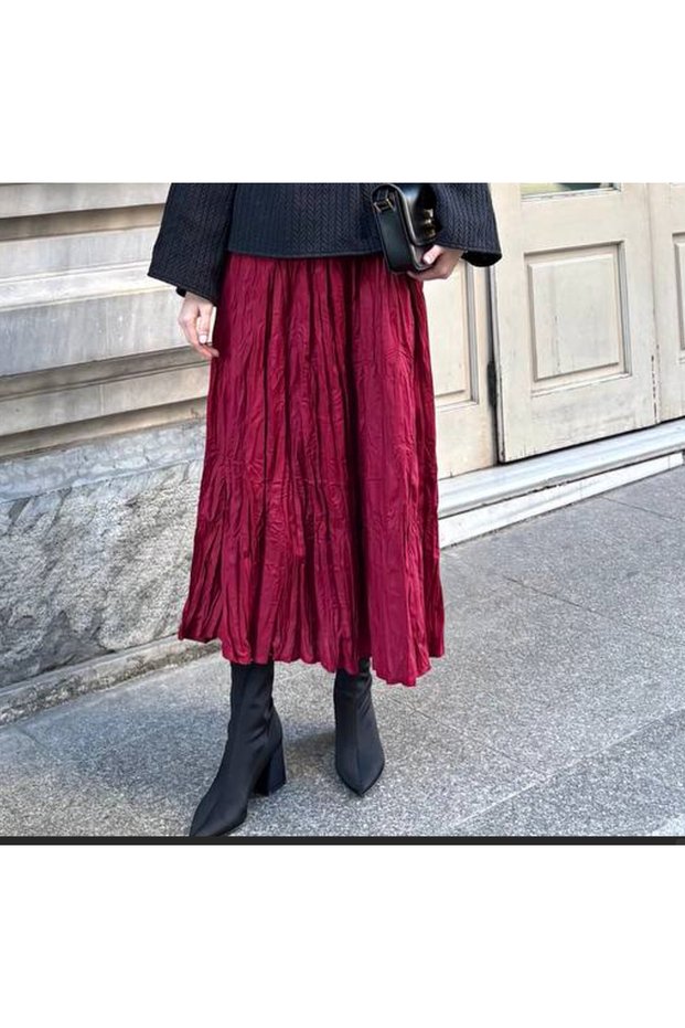 Women's Pleated Kraş Flared Long Bohemian Skirt
