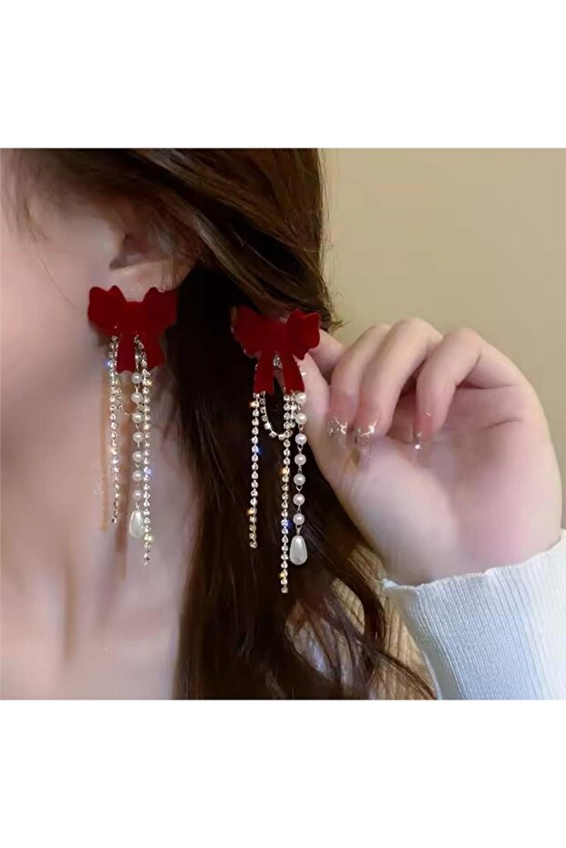 Burgundy Dangle Stoned Pearl Velvet Bow Earrings