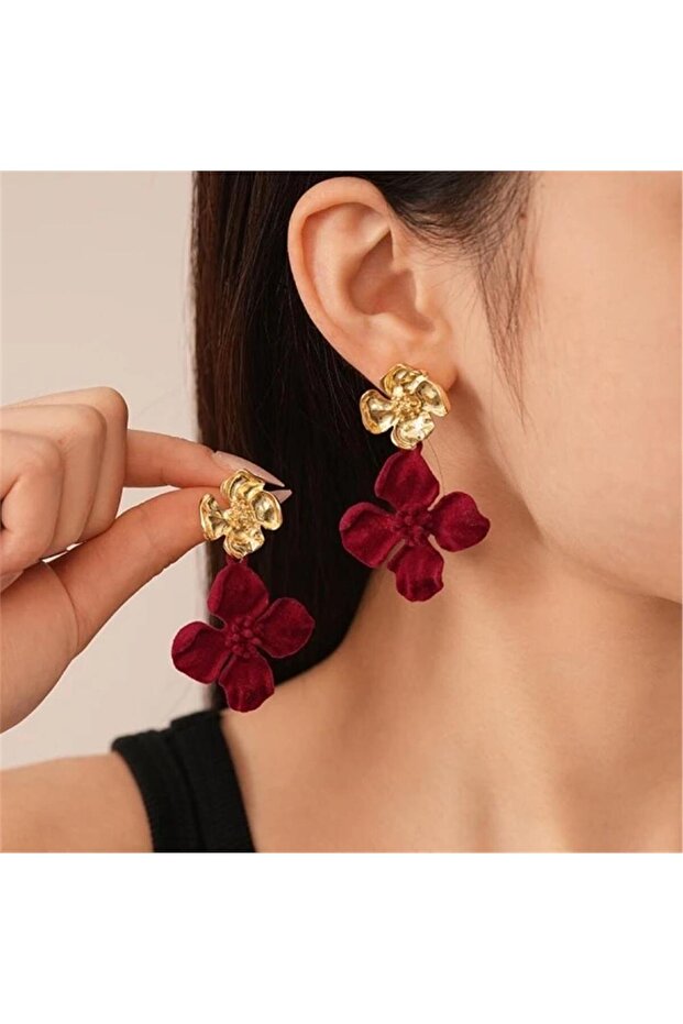 Burgundy Velvet Flower Earrings