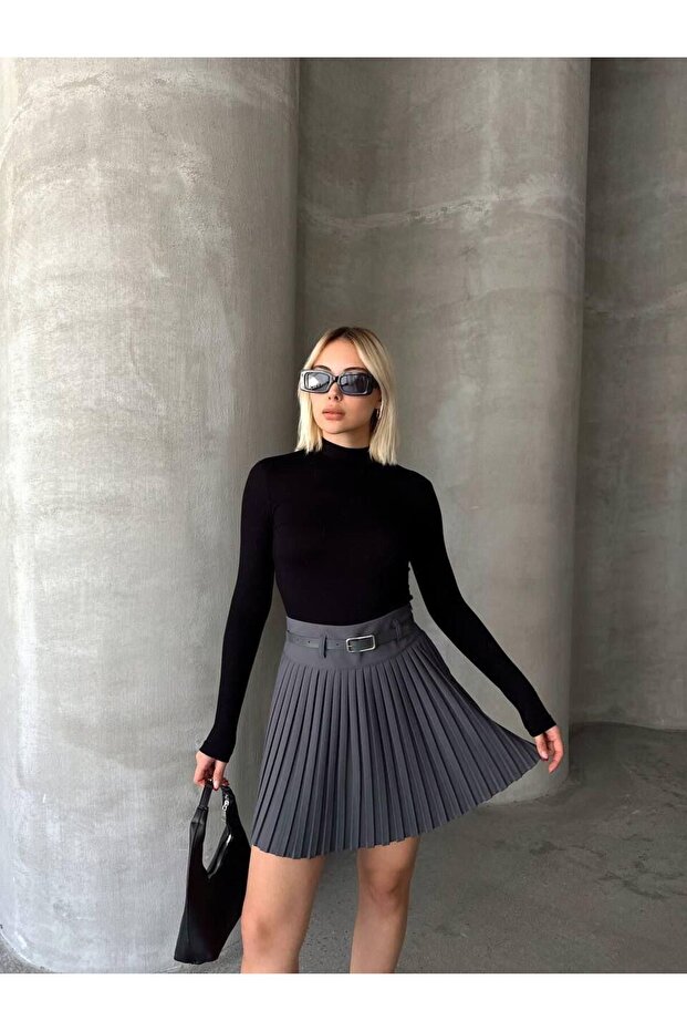 Pileli Şort Etek-M - SİYAH - 1