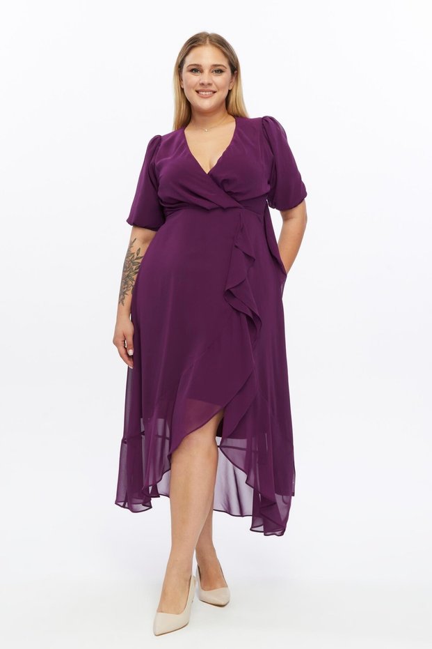 Apsen Women's 4495/130 Double-Breasted Collar Belted Flounce Detailed Plus Size Purple Chiffon Dress