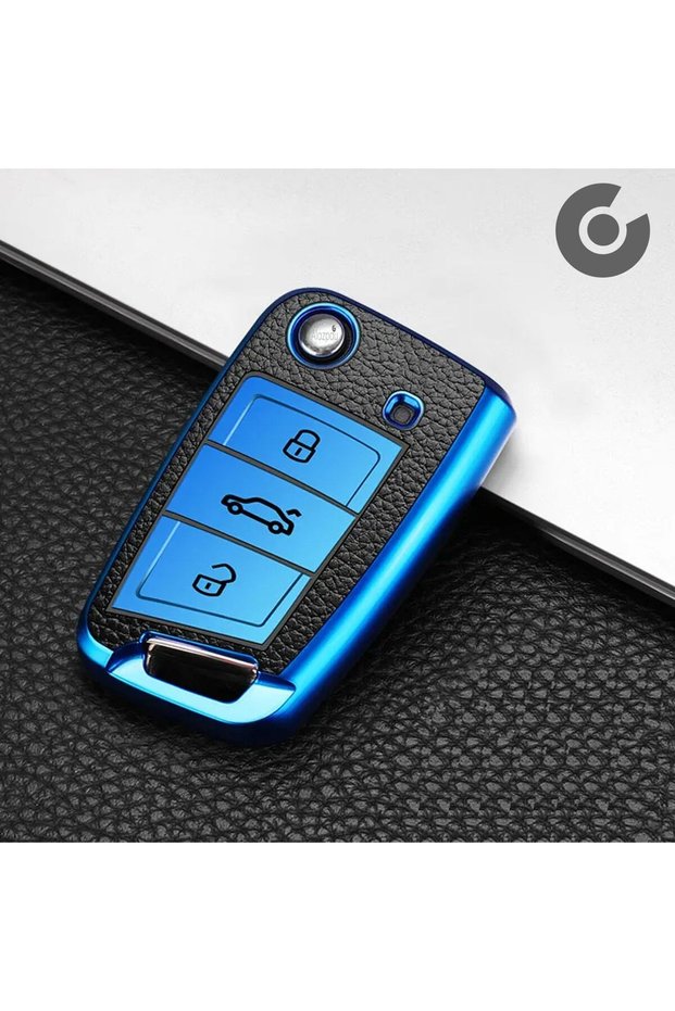 Volkswagen Compatible Polo, Golf, T-Roc, T-Cross, Passat, Jetta, Taigo, Tiguan Leather Look Tpu Key Case Cover (Black Blue)