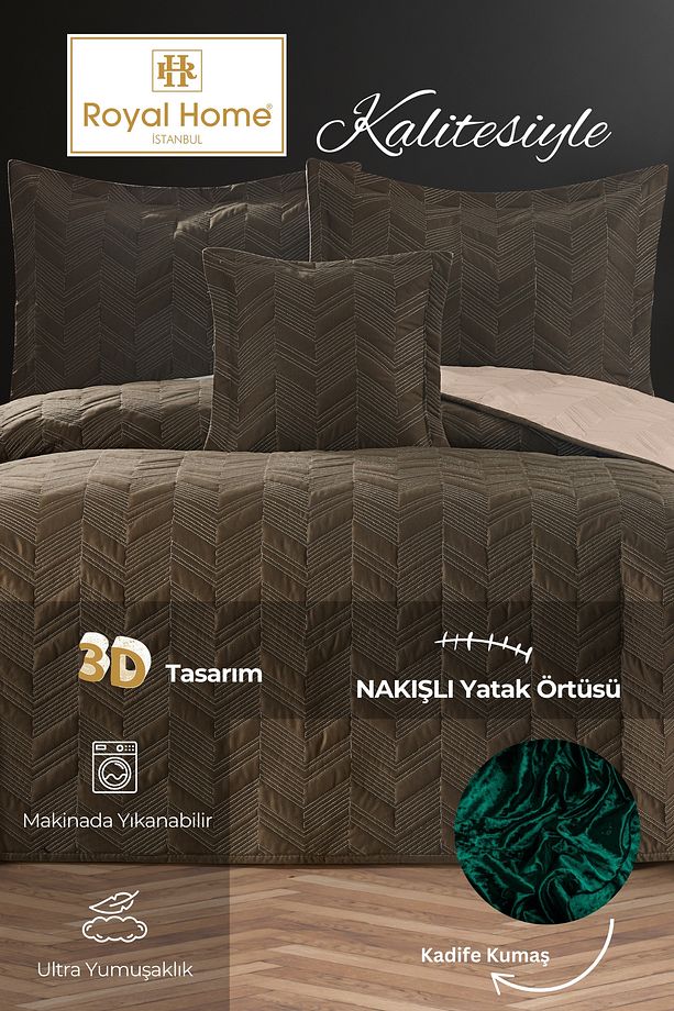 Serra Kadife Çift Kişilik Nakışlı Yatak Örtüsü Seti 4 Parça - 7