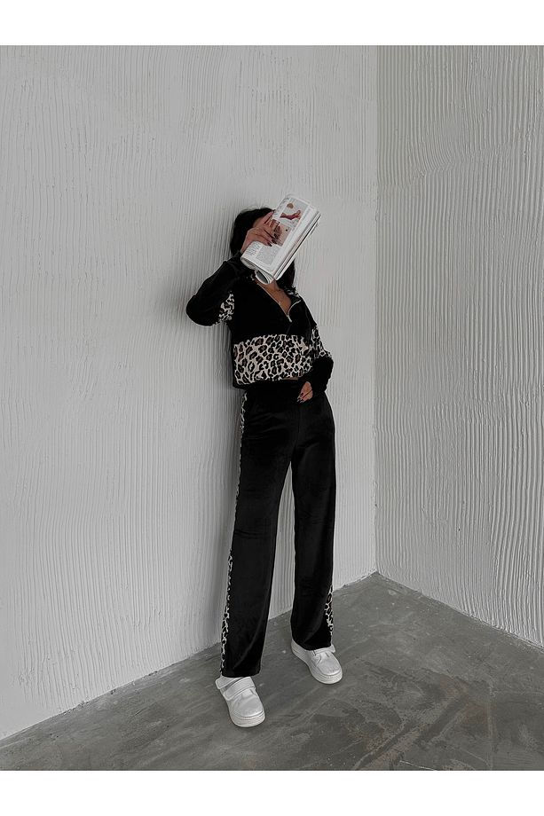 KADIN BOL PAÇA EŞOFMAN TAKIMI LEOPAR DESENLİ KAPÜŞONLU FERMUARLI TREND MODEL - 2
