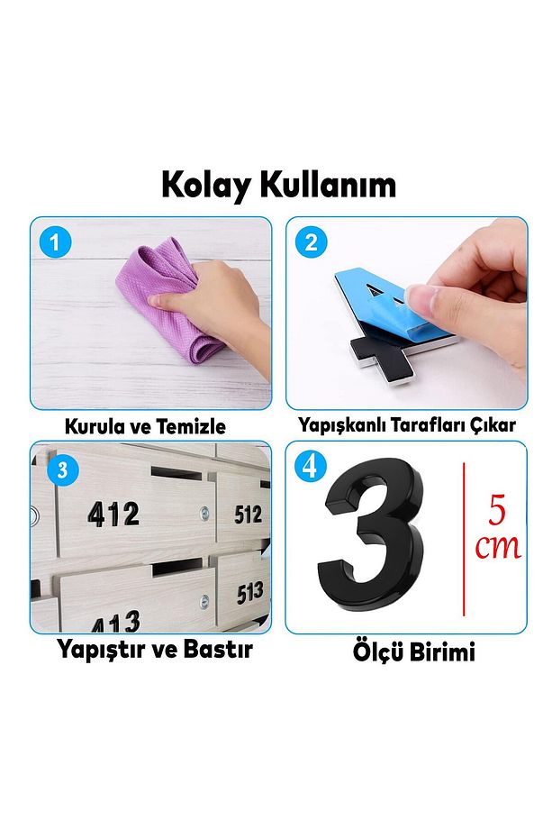 Yapışkanlı Kapı Numarası Küçük Boy 50 mm 5 cm Numara 3 Rakam Üç Sayısı Siyah Renk Numaralar 1 Adet - 2
