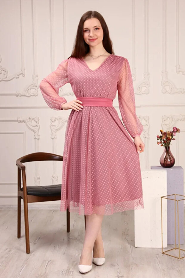 Powder Polka Dot V Neck Tulle Plus Size Dress