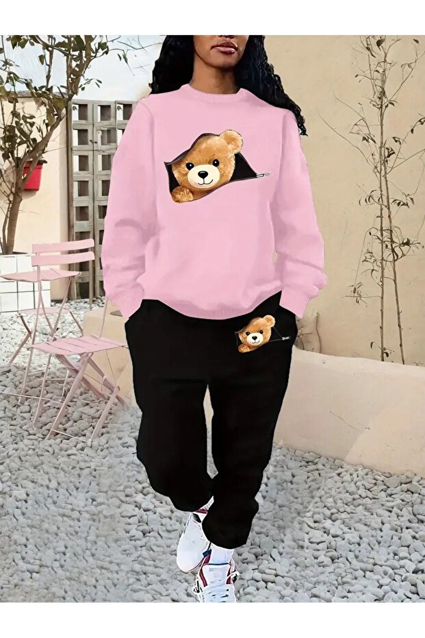 WOMEN'S O-NECK TEDDY PRINT TRACKSUIT SET
