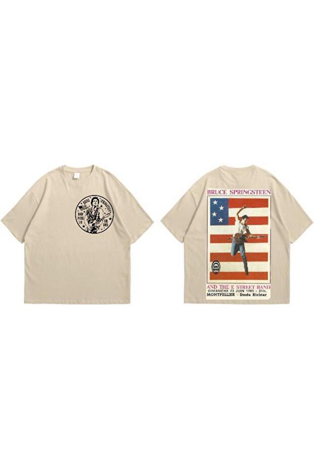 Beige Oversize Bruce Springsteen Album Cover Design Front Back Printed New Season Tshirt -Mingalondon