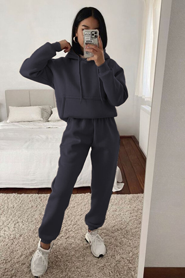Women's Oversize 3 Thread Cotton Thick Hooded Kangaroo Pocket Leg Elastic Tracksuit Set