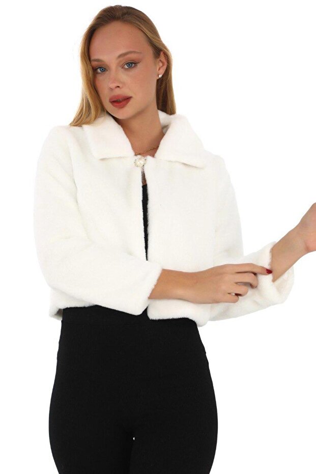 Women's White Brooch Etol Thai Feather Fur Bolero Jacket