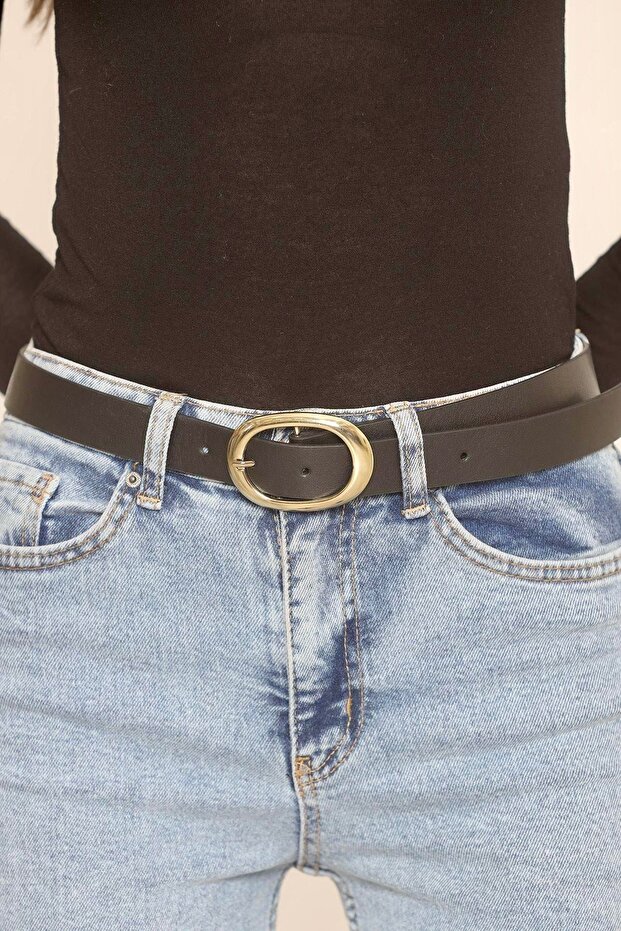 Gold Color Ellipse Model Metal Buckle Black Faux Leather Belt