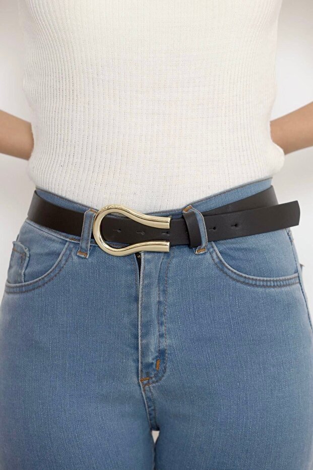 Gold Color Amorphous Metal Buckle Faux Leather Belt