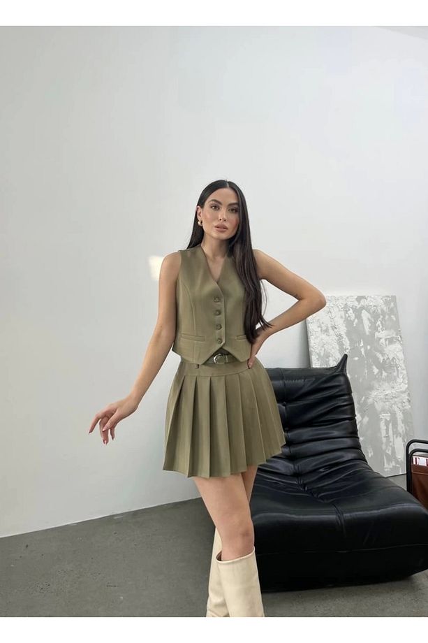 Kadın Haki İçi Astarlı Şortlu Kemerli Pileli Mini Şort Etek - 3