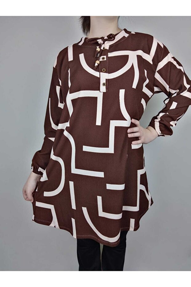 Women's Brown Lace-Up Neckline Buttoned Long Sleeve Sleeve Ankle Elastic Ribbed Oval Hem Tunic