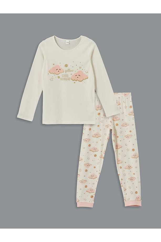 LCW Kids Ekru Bisiklet Yaka Kız Çocuk Pijama Takımı - 1