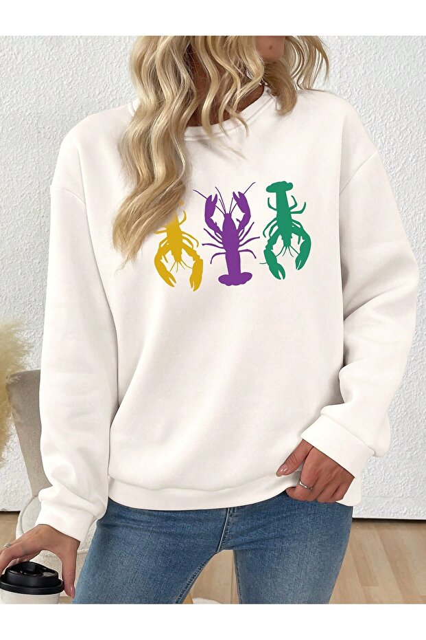 Women's White Scorpion Printed Crew Neck Oversize Sweatshirt